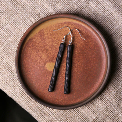 Buddha Stones 925 Sterling Silver Ebony Wood Texture Balance Peace Drop Dangle Earrings Earrings BS 9