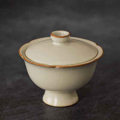 Buddha Stones Beige Plum Blossom Shape Peach Branch Ceramic Gaiwan Sancai Teacup Kung Fu Tea Cup With Lid Cup BS Beige Cup Bowl 8.4cm*7.2cm*100ml
