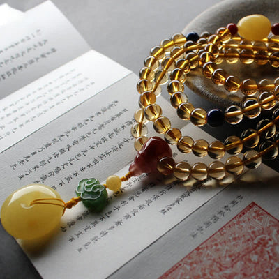 108 Mala Beads Natural Citrine Amber Peace Buckle Red Agate PiXiu Protection Charm Bracelet Mala Bracelet BS 8