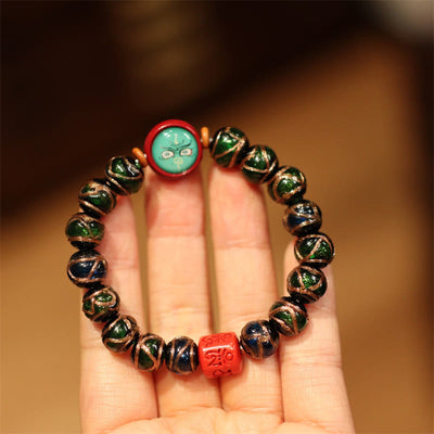 Buddha Stones Tibetan Gold Swallowing Beast Family Five God Of Wealth Thangka Fortune Bead Bracelet Bracelet BS Blue Green-Green God Of Wealth