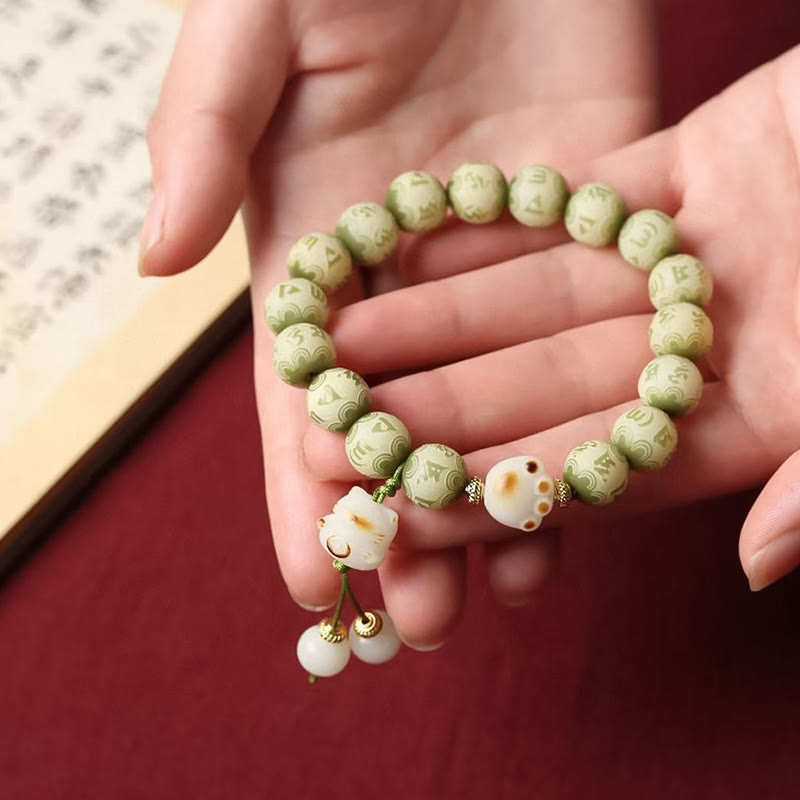 Buddha Stones Green Bodhi Seed Cat Paw Om Mani Padme Hum Engraved Wisdom Bracelet Bracelet BS 7