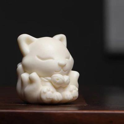 Buddha Stones Mini Nine-Tailed Fox Ivory Fruit Sandalwood Green Sandalwood Blessing Decoration Decorations BS 1