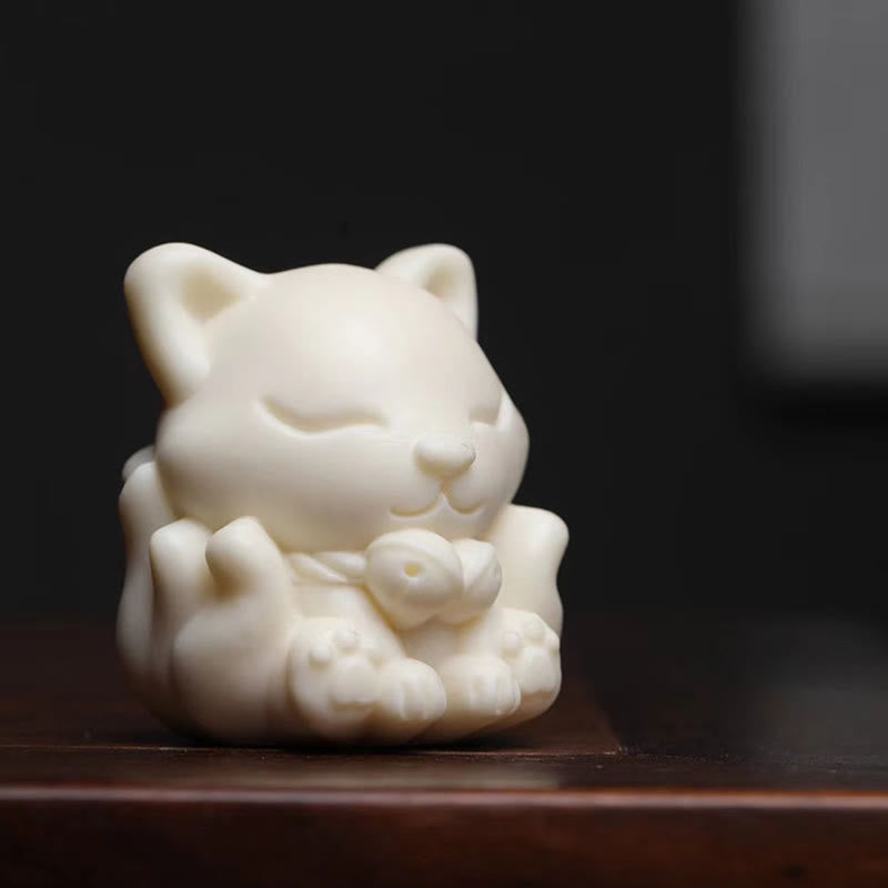 Buddha Stones Mini Nine-Tailed Fox Ivory Fruit Sandalwood Green Sandalwood Blessing Decoration Decorations BS 1
