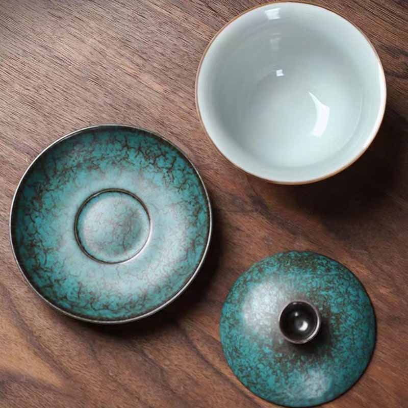 Buddha Stones Traditional Pine Tree Green Ceramic Gaiwan Sancai Teacup Kung Fu Tea Cup And Saucer With Lid Cup BS 8