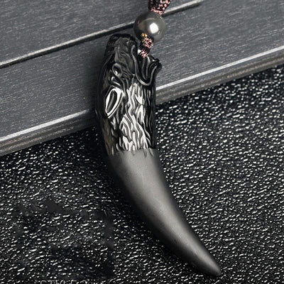 Buddha Stones Natural Black Obsidian Ice Obsidian Rainbow Obsidian Wolf Tooth Pattern Strength Necklace Pendant Necklaces & Pendants BS 5