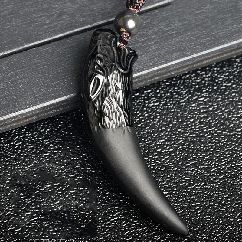 Buddha Stones Natural Black Obsidian Ice Obsidian Rainbow Obsidian Wolf Tooth Pattern Strength Necklace Pendant Necklaces & Pendants BS 5