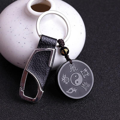 Buddha Stones Natural Black Obsidian Taoism Five Sacred Mountains Nine-Character Mantra Carved Strength Yin Yang Necklace Pendant Key Chain Necklaces & Pendants BS Black Obsidian&Key Chain