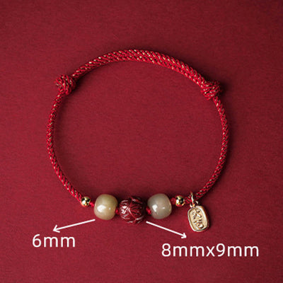 Buddha Stones 14K Gold Plated Hetian Jade Cinnabar Lotus Luck Handcrafted Rope Bracelet Bracelet BS 4