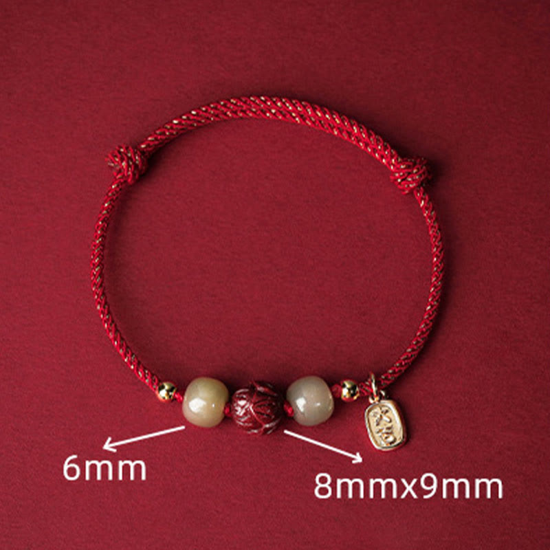 Buddha Stones 14K Gold Plated Hetian Jade Cinnabar Lotus Luck Handcrafted Rope Bracelet Bracelet BS 4