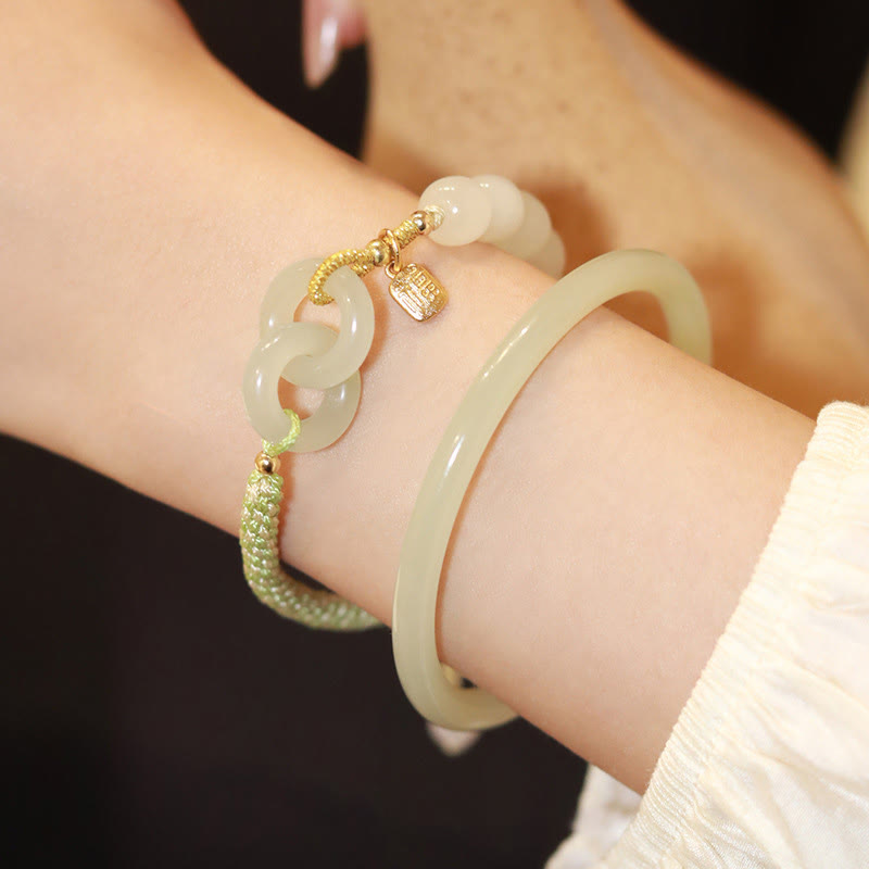 Buddha Stones Natural Hetian Jade Bead Double Peace Buckle Fu Character Abundance Braided Bracelet Bracelet BS 13
