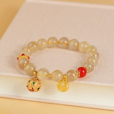 Buddha Stones Natural Golden Rutilated Quartz Fu Character Charm Bell Wealth Bracelet Bracelet BS 5