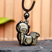 Foviel Natural Rainbow Obsidian Gold Sheen Obsidian Nine Tailed Fox Positive Necklace Pendant