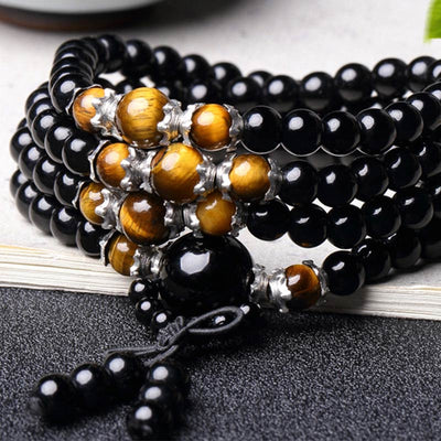 Buddha Stones 108 Beads Natural Black Obsidian Tiger Eye Mala Bracelet Mala Bracelet BS 7