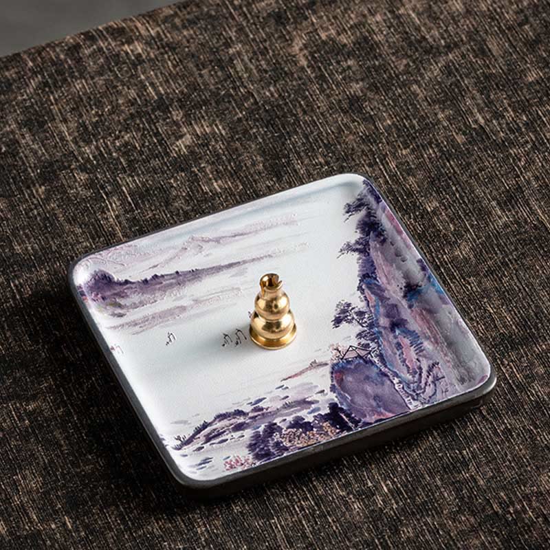 Buddha Stones Mountain Lake Flower Leaf Healing Ceramic Plate Tray Stick Incense Burner Decoration Incense Burner BS Mountain 10.2*10.2*1.2cm