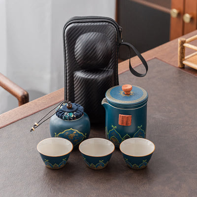 Buddha Stones Flower Chinese Gongfu Ceramic Teapot Portable Outdoor Travel Tea Set Bag Teapot BS Cyan 1 Teapot+3 Cups+1 Bag+1 Tea Can