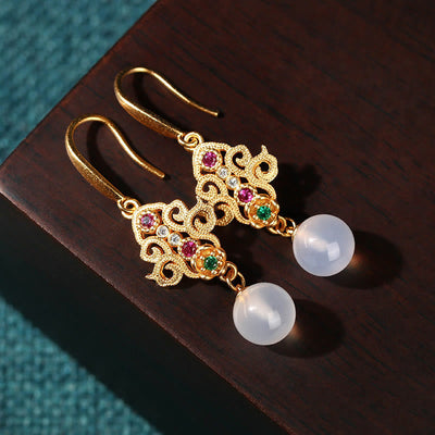 Buddha Stones 24K Gold Plated Round Chalcedony Positive Dangle Drop Earrings Earrings BS 1