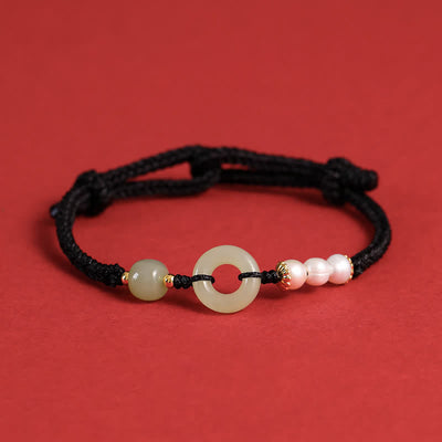 Buddha Stones Natural Hetian Jade Pearl Peace Buckle Luck Bracelet - Black - image 16