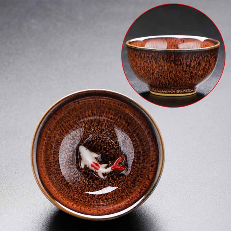 Buddha Stones Small Koi Fish Kiln Change Chinese Jianzhan Ceramic Teacup Kung Fu Tea Cup 60ml Jian Zhan Tea Cup BS Golden 7.3cm*4cm*60ml