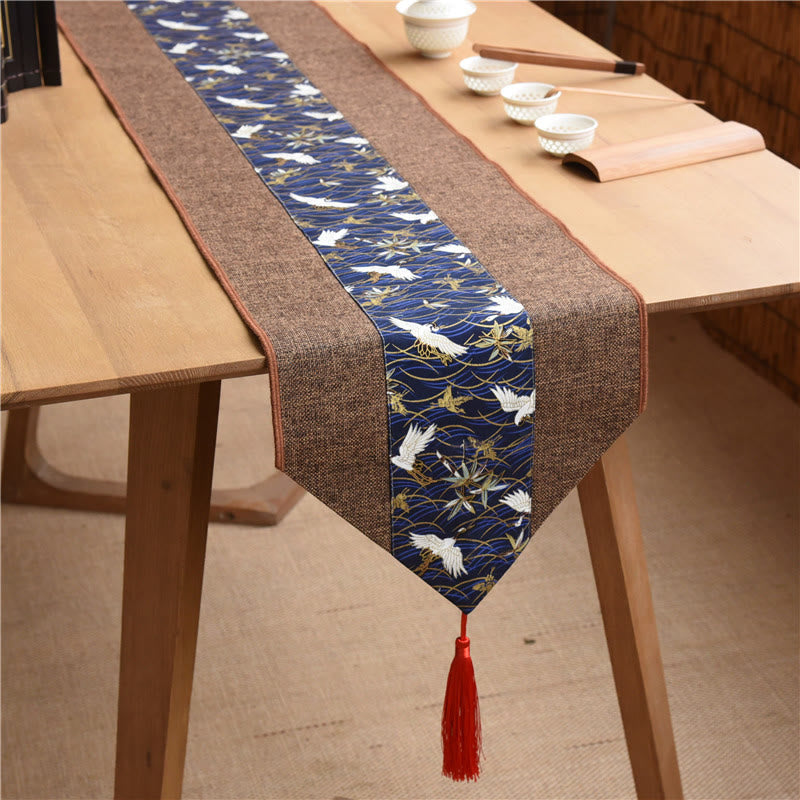 Buddha Stones Classic Chinese Style Lotus Koi Fish Flower Crane Calligraphy Enlightenment Cotton Linen Tassels Table Runner Table Runner BS Brown Blue Crane 30*180cm