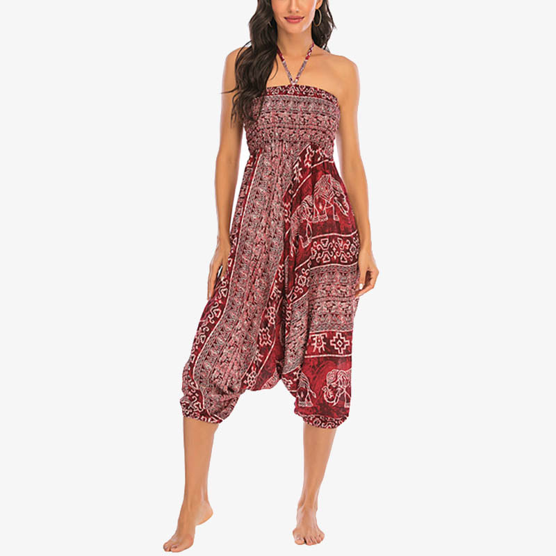 Buddha Stones Two Style Wear Elephant Pattern Loose Smocked Harem Trousers Jumpsuit Women's Yoga Pants Harem Pants&Bodysuit BS 6