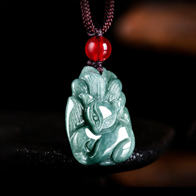 Buddha Stones Natural Green Jade Nine-Tailed Fox Engraved Prosperity Necklace Pendant Necklaces & Pendants BS 1
