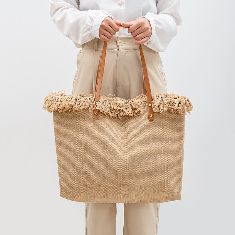 Buddha Stones Large Capacity Solid Color Tassel Canvas Tote Shoulder Bag Shoulder Bag BS Khaki 50*10*35cm