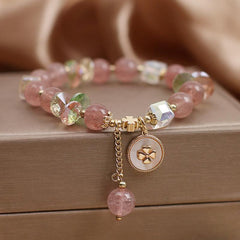 Buddha Stones Strawberry Quartz Lucky Four Leaf Clover Healing Charm Bracelet Bracelet BS Strawberry Quartz(Love♥Healing)(Wrist Circumference 15-17cm)