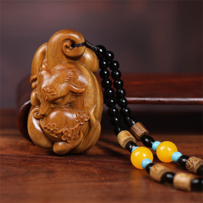 Buddha Stones Mini Nine-Tailed Fox Green Sandalwood Peace Decoration Car Hanging Decoration Decorations BS 7
