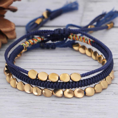 Buddha Stones 3 PCS Tibetan Copper Beads Healing Protection Luck Bracelet Set Bracelet BS 1