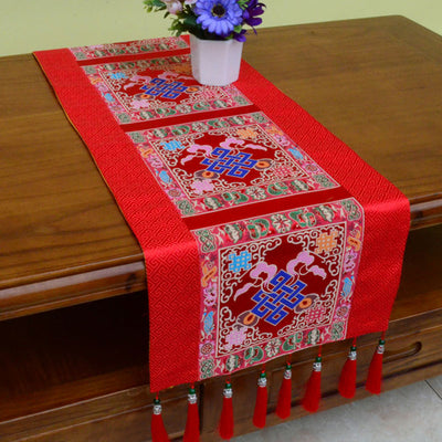 Buddha Stones Prayer Altar Mat Man-Bcu Kalachakra Endless Knot Vajra Tibetan Auspicious Symbols Tassels Table Runner Prayer Altar BS The Knot of Eternity Red 190*33cm