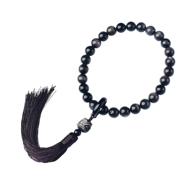 Buddha Stones Natural Silver Sheen Obsidian Lion Wrist Mala Protection Tassels Pocket Mala Car Decoration Wrist Mala&Decorations BS 5