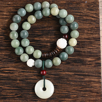 Buddha Stones Cyan Bodhi Seed Lotus Jade Peace Buckle Wisdom Double Wrap Bracelet Mala Bracelet BS 13