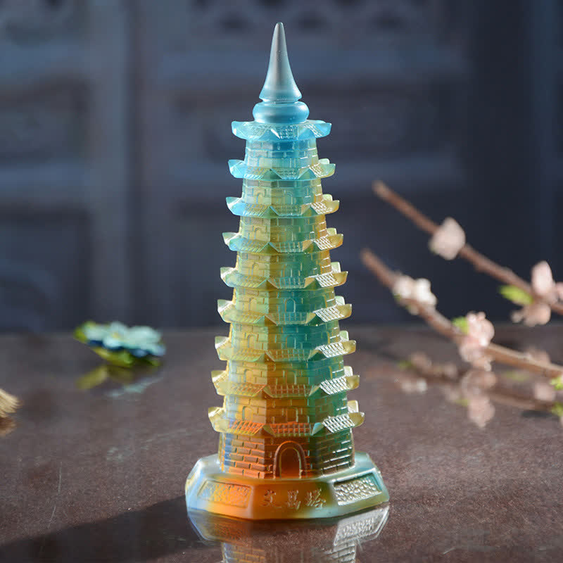 Buddha Stones Feng Shui Wenchang Tower Handmade Liuli Crystal Pagoda Art Piece Luck Home Office Decoration Decorations BS Large (16.5cm*7cm)