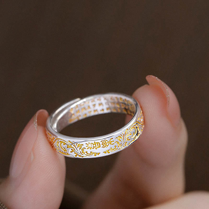 Buddha Stones Peace and Joy Tang Dynasty Flower Design Lotus Heart Sutra Carved Copper Luck Adjustable Ring Ring BS 6