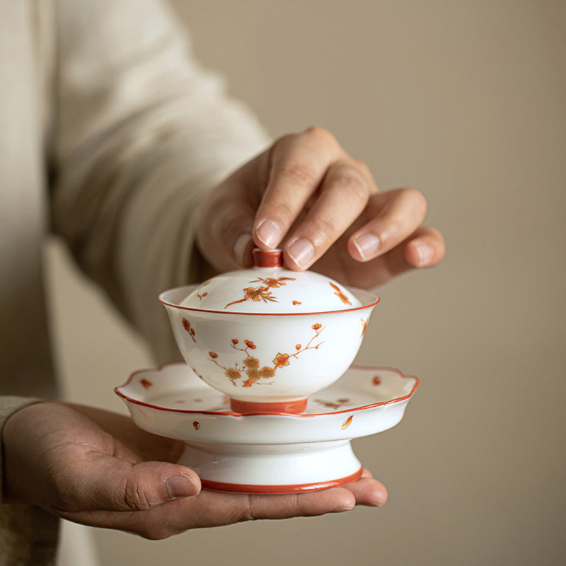 Buddha Stones White Porcelain Flowers Ceramic Gaiwan Sancai Teacup Kung Fu Tea Cup And Saucer With Lid Cup BS 1