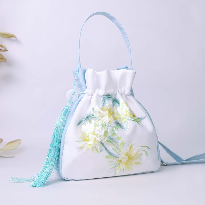 Buddha Stones Suzhou Embroidery Rabbit Lotus Epiphyllum Peony Magnolia Silk Tote Crossbody Bag Shoulder Bag Handbag Crossbody Bag BS Light Green Epiphyllum 20*20*7cm