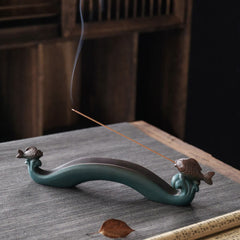 Buddha Stones Double Koi Fish Mountain Healing Ceramic Stick Incense Burner Decoration Incense Burner BS Double Koi Fish 29.8*4*6.5cm