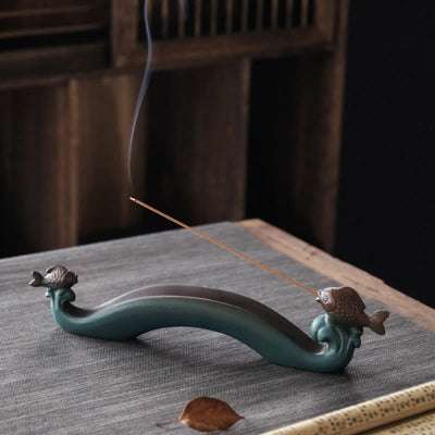 Buddha Stones Double Koi Fish Mountain Healing Ceramic Stick Incense Burner Decoration Incense Burner BS Double Koi Fish 29.8*4*6.5cm