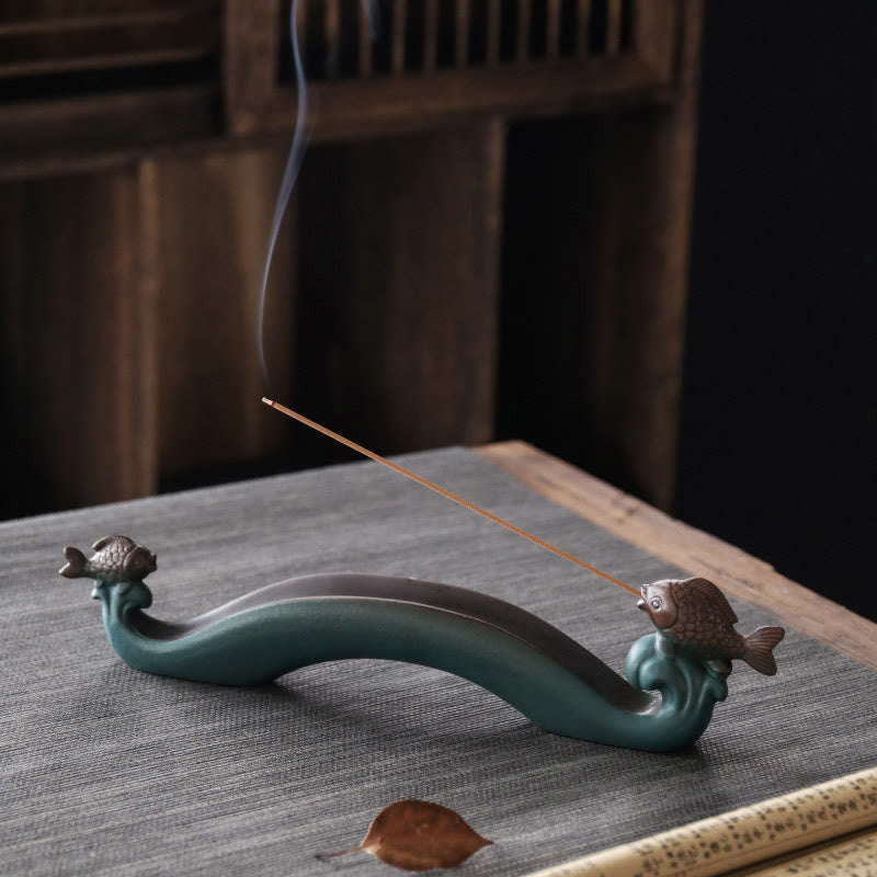 Buddha Stones Double Koi Fish Mountain Healing Ceramic Stick Incense Burner Decoration Incense Burner BS Double Koi Fish 29.8*4*6.5cm