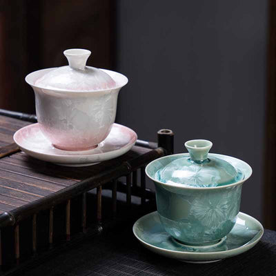 Buddha Stones Traditional Glaze Ceramic Gaiwan Sancai Teacup Kung Fu Tea Cup And Saucer With Lid 180ml Cup BS 13