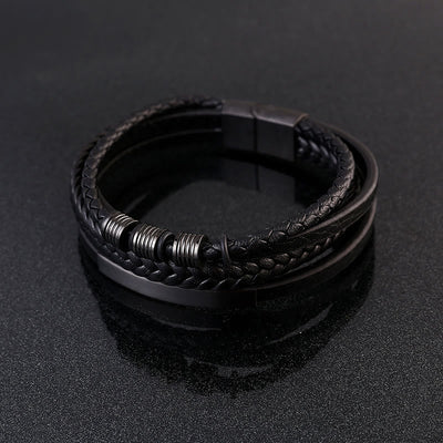 Buddha Stones Leather Multi-Layer Titanium Steel Balance Braided Magnetic Buckle Bracelet Bracelet BS 4