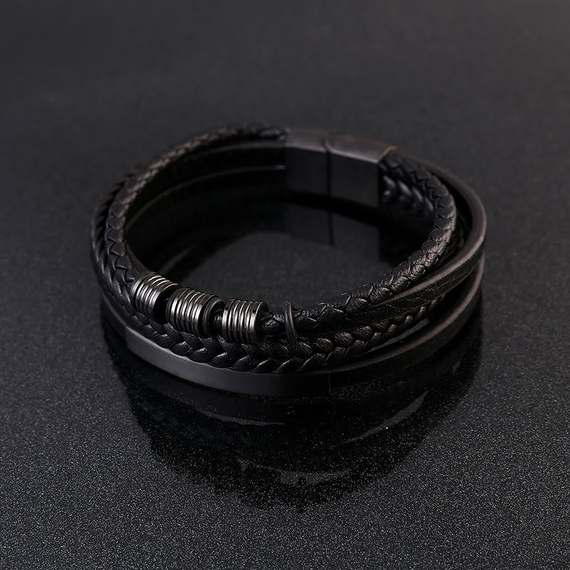 Buddha Stones Leather Multi-Layer Titanium Steel Balance Braided Magnetic Buckle Bracelet Bracelet BS 4