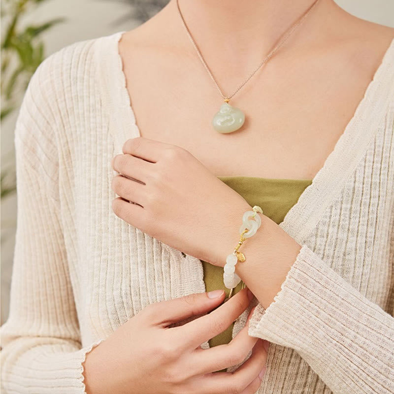 Buddha Stones Natural Hetian Jade Bead Double Peace Buckle Fu Character Abundance Braided Bracelet Bracelet BS 23