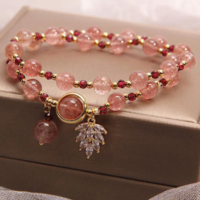 Foviel Natural Strawberry Quartz Love Healing Maple Leaf Charm Double Wrap Bracelet