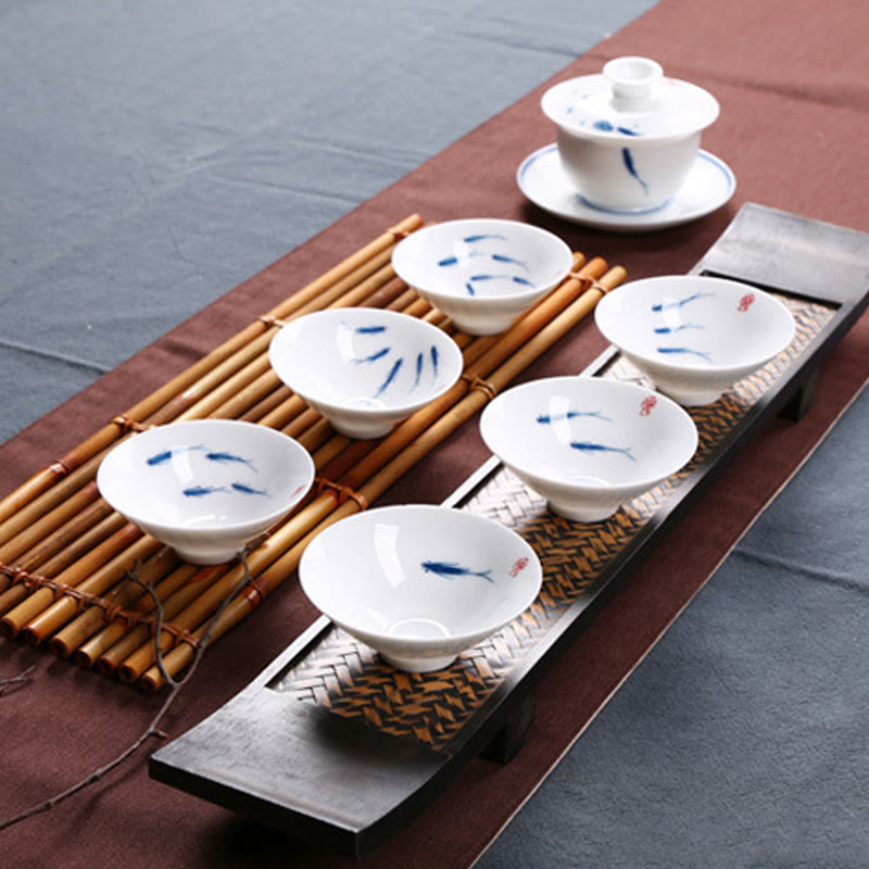 Buddha Stones Jingdezhen Blue and White Porcelain Koi Fish Ceramic Teacup Kung Fu Tea Cups Cup BS 15