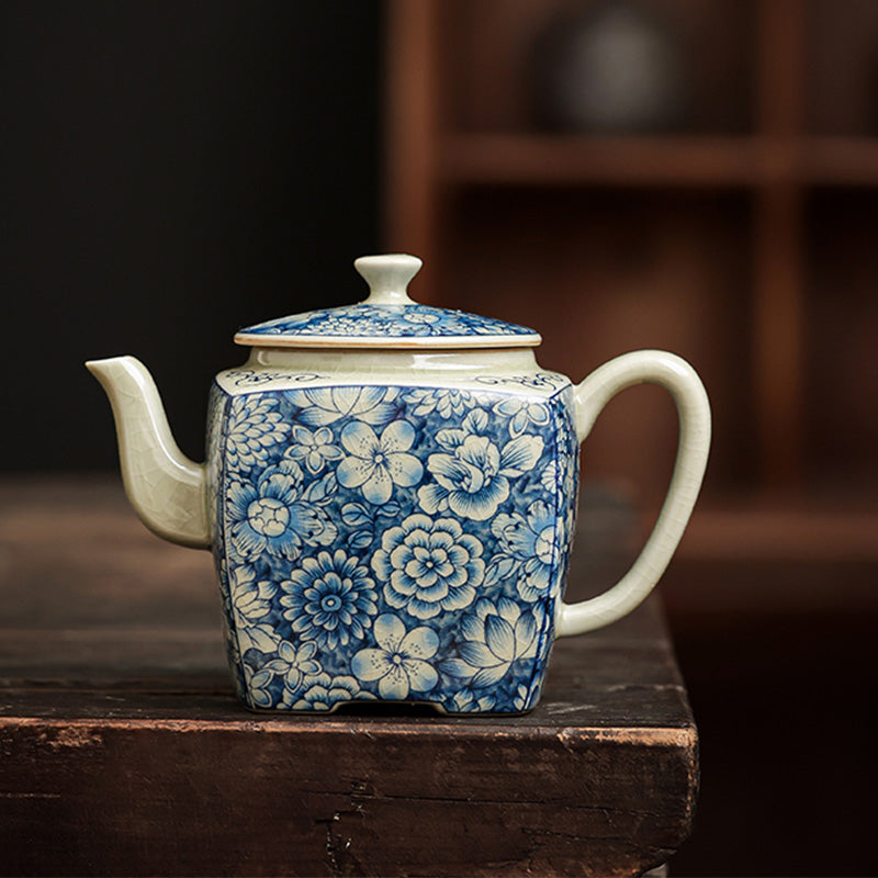 Buddha Stones Blue and White Porcelain Chinese Gongfu Tea Ceramic Kung Fu Teapot Cup Tea Filter Canister Teapot BS Teapot 12cm*9cm*175ml