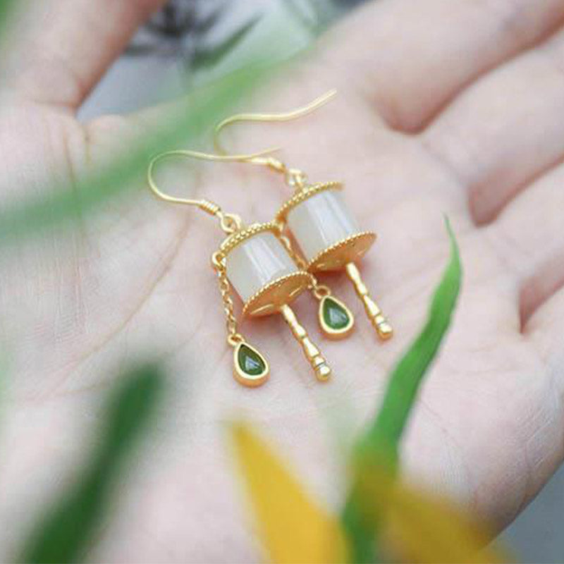 Buddha Stones 925 Sterling Silver Jade Prayer Wheel Luck Drop Earrings Earrings BS 2