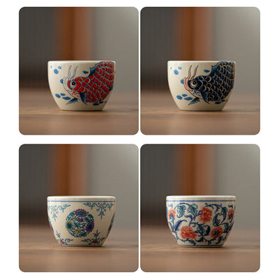 Buddha Stones Koi Fish Arowana Peony Sunflower Ceramic Teacup Kung Fu Tea Cup 60ml Cup BS 17