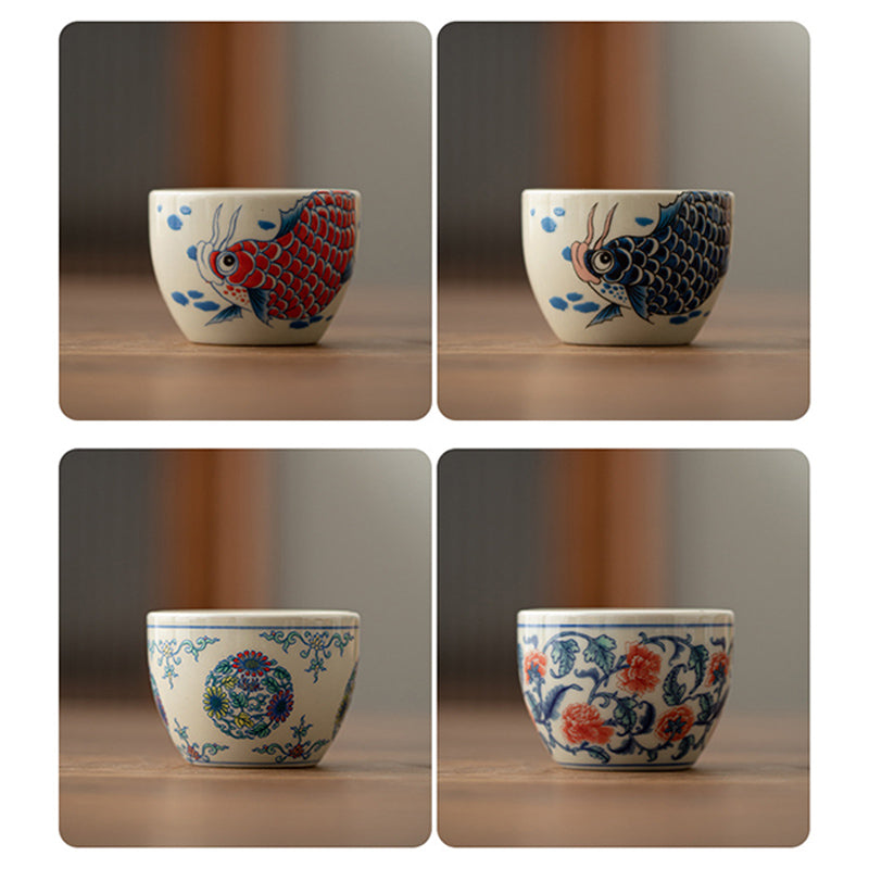 Buddha Stones Koi Fish Arowana Peony Sunflower Ceramic Teacup Kung Fu Tea Cup 60ml Cup BS 17