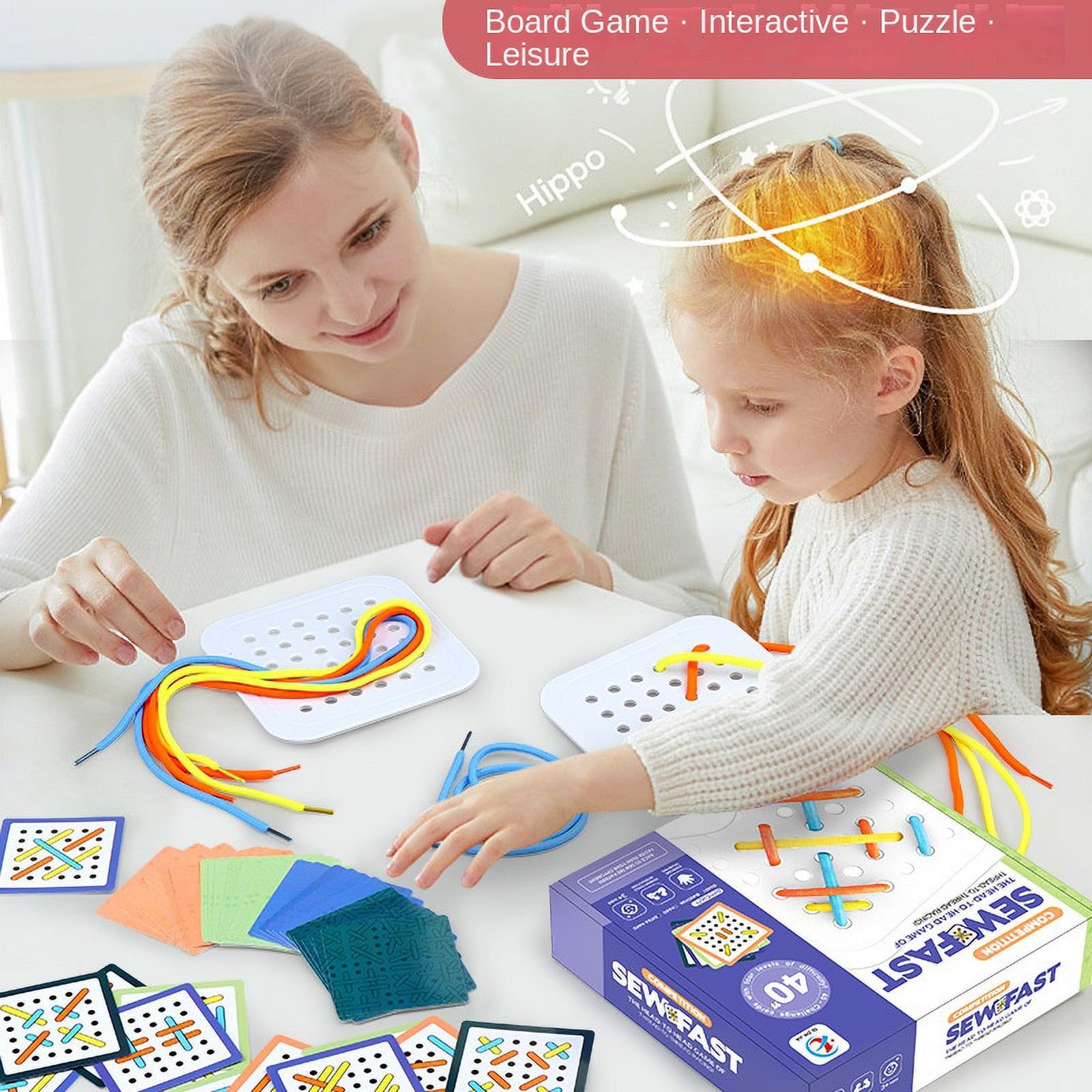Fidtoy Rope-Wearing Double Player Pattern Card Game for Kids Ages 3-6, Lacing Board Game with 40 Pattern Cards, Colorful Ropes, Fine Motor Skill Practice and Family Tabletop Play